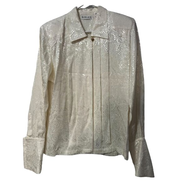 Liz Claiborne Vintage Pleated Front Collared Silky Blouse Sz 8 (Medium) Off Whit - Picture 8 of 16